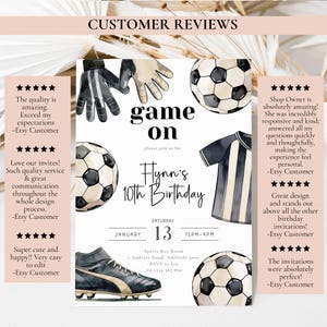 May include: A soccer-themed birthday invitation with illustrations of soccer balls, gloves, a jersey, and cleats. The invitation includes the text "game on" and details for Flynn's 10th birthday, including the date, time, and location.