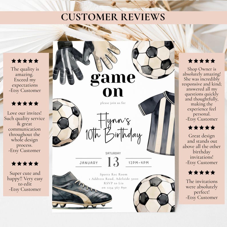 May include: A soccer-themed birthday invitation with illustrations of soccer balls, gloves, a jersey, and cleats. The invitation includes the text "game on" and details for Flynn's 10th birthday, including the date, time, and location.