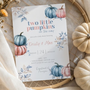 Twins Baby Shower Invitation: Two Little Pumpkins, Editable Canva Template (5x7in Digital Download