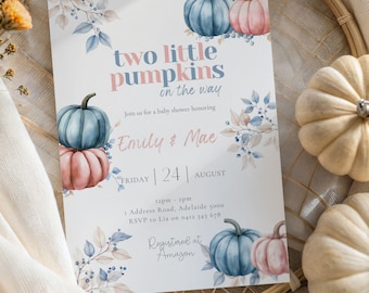 Twins Baby Shower Invitation: Two Little Pumpkins, Editable Canva Template (5x7in Digital Download