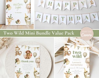 Two Wild Birthday Party Bundle: Editable Safari Invitation, 2nd Birthday Jungle Invite (Digital Download)