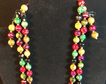 56 Inch Bronze Multicolor Bead Necklace and Earrings Set | Vintage Jewelry Set | Fall Colors | Spring Ring Clasp