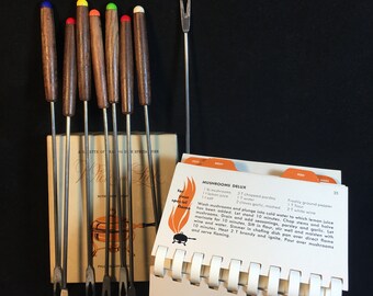 8 Fondue Forks Set & 1954 Party Cookbook, Wick and Lick: A Gazette of Chafing Dish Specialties | Vintage