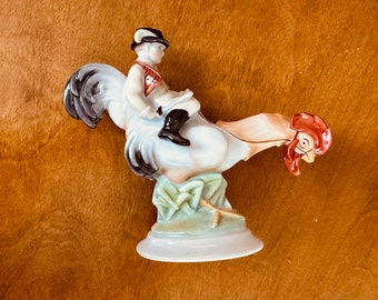 Herend "Boy Riding Rooster" Handpainted Porcelain Figurine