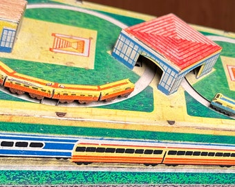 Vintage Tin Train Station with Mechanical Wind-up Toy - Two Trains and Two Circle Tracks - USSR
