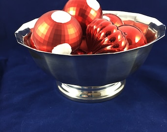 Vtg Gorham Heritage Silver Plated Fluted Pedestal Bowl | 8" Diameter | Red Ornaments with Hand Painted White Dots included