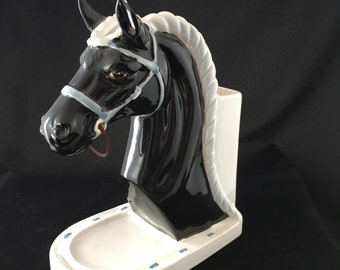 Black Horse on White Horseshoe Base, Vintage Ceramic Planter or Vase - Japan 150