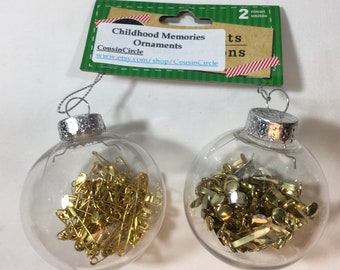 Office Gifts - Two Ornaments Filled with Gold-toned Safety Pins and Brads