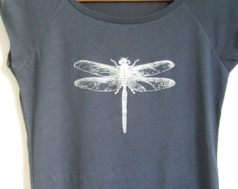 Silver Dragonfly Womens t shirt bamboo and organic cotton denim blue ethical fair wear insect print t shirt