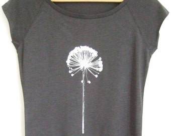 Allium Seedhead Womens bamboo T shirt  hand printed dark grey with silver