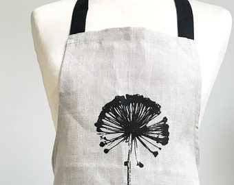 Allium Seedhead Linen Apron hand printed Natural Linen black alliums print matching black cotton ties