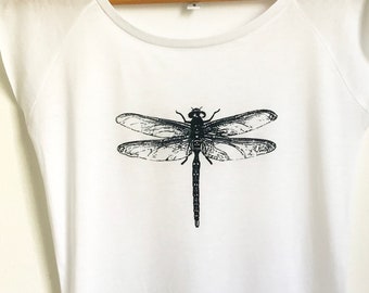 Dragonfly Womens white T shirt bamboo organic cotton dark navy blue dragonfly print ethical T shirt