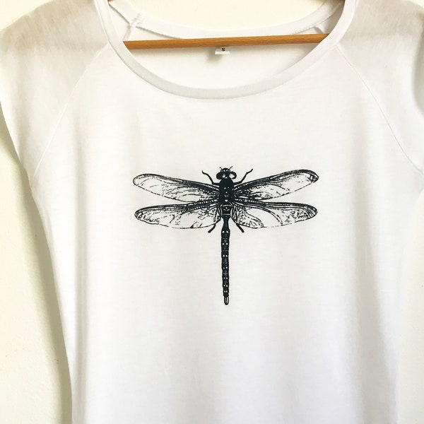 Dragonfly Womens white T shirt bamboo organic cotton dark navy blue dragonfly print ethical T shirt