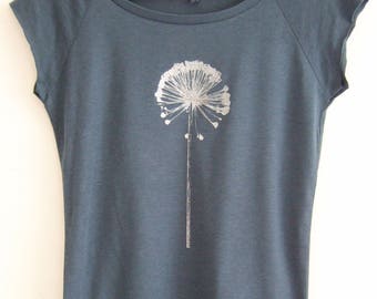 Allium Seedhead Silver Womens T shirt denim blue plant seed head silver screen print bamboo organic cotton ethical T shirt