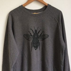 Bee Unisex dark grey raglan organic cotton ethical sweatshirt big bee print winter sweatshirt