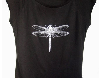 Dragonfly Womens bamboo organic cotton printed T shirt black with silver print ethical T shirt