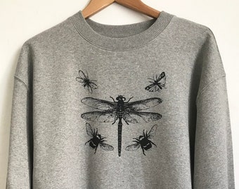 Dragonfly Women's organic cotton sweatshirt grey ethical sweatshirt warm jumper Dragonfly Bees and Flying Insects