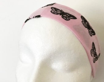 SALE Kleine Motten rosa Baumwolle schmales Stirnband rosa und schwarzes Insektenmuster handgemachtes Haarband