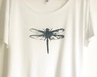 Dragonfly Womens T shirt Oversize Tencel Tee lightweight summer ethical T shirt navy blue print size large