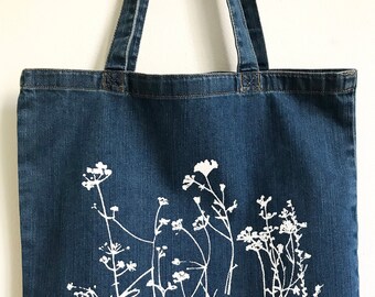 Wild Meadow flowers denim tote organic cotton hand printed ethical shopper bag denim blue with white print