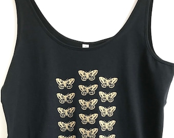 Gold Moths Women's black vest loose fit size XL organic cotton ethical top gold print small moth pattern