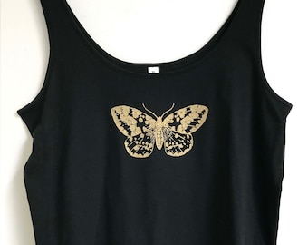 Gold Moth Women's black vest loose fit organic cotton ethical top gold moth print