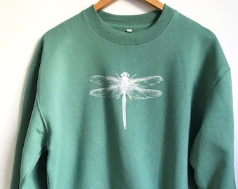 Silver Dragonfly Women's sweatshirt organic cotton sweatshirt sage green with silver print ethical clothing warm jumper