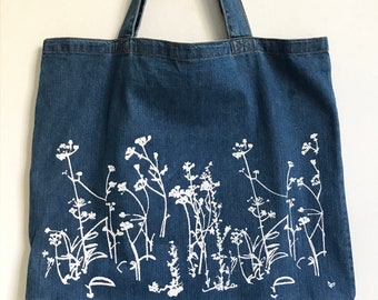 Wild Meadow flowers denim large tote bag blue organic denim cotton hand printed ethical bag with inside pocket