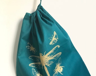 Gold Dragonfly Bees and Insects drawstring bag sea green cotton storage bag printed small stuff bag