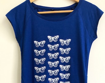 White Moths Womens ethical T shirt bright blue and white bamboo organic cotton  moths pattern