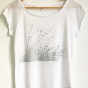 Wild Grasses Womens white bamboo organic cotton silver print lightweight T shirt
