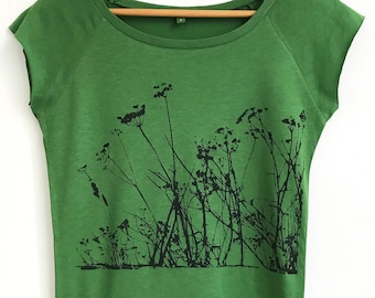 Wild Meadow Womens bamboo ethical tunic T shirt meadow plants hand screen printed leaf green tee bamboo viscose and organic cotton