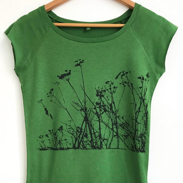 T-shirt éthique en bambou pour femmes Wild Meadow, plantes des prairies, sérigraphie à la main, t-shirt vert feuille de bambou, viscose et coton biologique