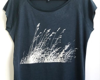 Wild Grasses Women's bamboo T shirt with organic cotton denim blue silver screen print slim fit tee