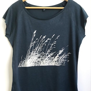 Wild Grasses Women's bamboo T shirt with organic cotton denim blue silver screen print slim fit tee