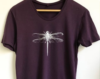 Dragonfly T shirt cotton short sleeve ethical T shirt eggplant silver dragonfly print unisex T shirt scoop neckline