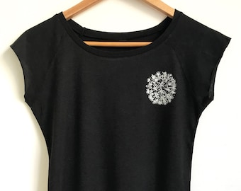 Allium Flower Women's black bamboo and organic cotton ethical T shirt  silver flower print raglan cut sleeve slim fit T shirt