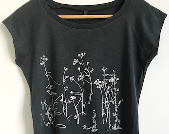 Wild Meadow Flowers Womens grey t shirt bamboo+ organic cotton slimfit hand print silver floral print tee cap sleeve