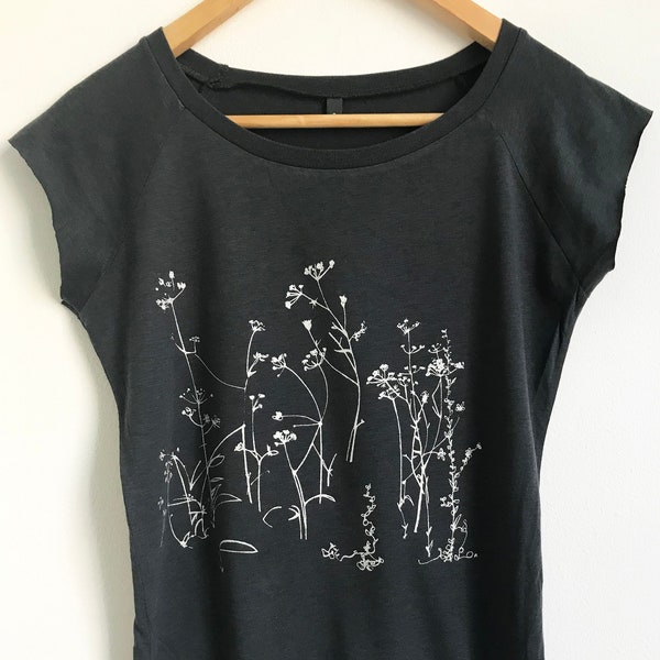 Wild Meadow Flowers Womens grey t shirt bamboo+ organic cotton slimfit hand print silver floral print tee cap sleeve