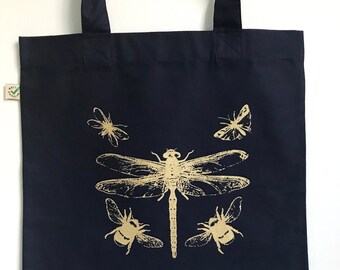 Gold Dragonfly Bees Insects navy organic tote bag organic cotton navy blue hand printed gold print