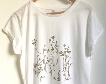 Gold Wild Meadow flowers Women's white organic cotton ethical short rolled sleeve T shirt gold screenprint