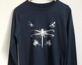 Dragonfly Insects Navy Women's Unisex Cotton Jersey Long Sleeve T shirt silver dragonfly bumblebees and flying insects print