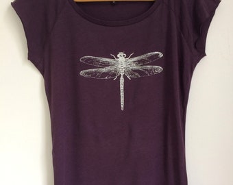 Dragonfly Womens bamboo and organic cotton T shirt eggplant  silver screen print ethical tee