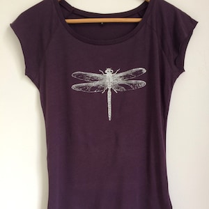 Dragonfly Womens bamboo and organic cotton T shirt eggplant  silver screen print ethical tee