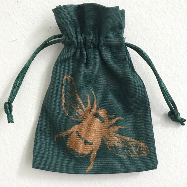 Bee small gift bag hand printed bronze bee dark green cotton drawstring bag