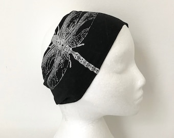 Dragonfly wide headband black and silver print bamboo and organic cotton handprinted ethical headband