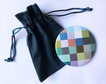 Squares pocket mirror geometric multicolour squares pattern printed mirror with drawstring cotton gift bag