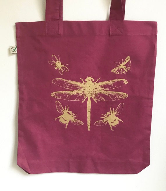 Gold Dragonfly Insects Bag Organic Cotton Berry Pink With Gold Print Hand Printed Ethical Tote Bag Etsy Australia