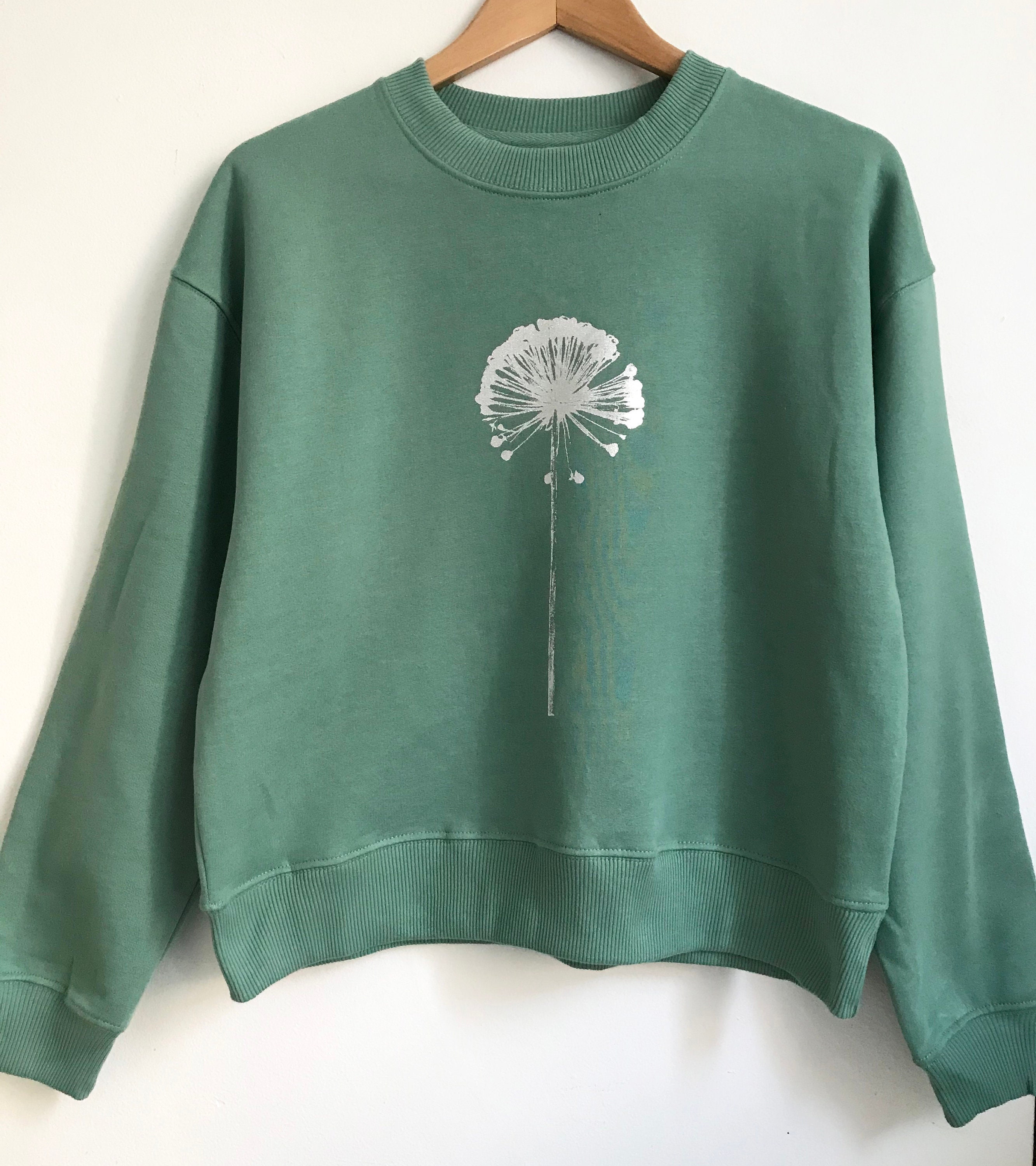 Image of Allium Women's Organic Cotton Sweatshirt Slate Green Silver Allium Seedhead Print Eco Conscious Clothing Snuggly Winter Jumper