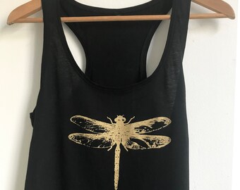 Gold Dragonfly womens organic cotton vest top racer back style lightweight cotton with insect print